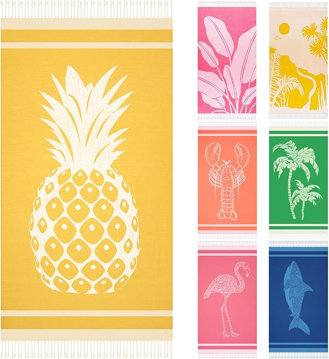 Oversized Cotton Turkish Beach Towels 72"x36" Lightweight Quick Dry Sandless Pool Swim Towel Large No Sand Compact Blanket Adult Travel Essentials Cruise Accessories Must Haves Yellow Pineapple