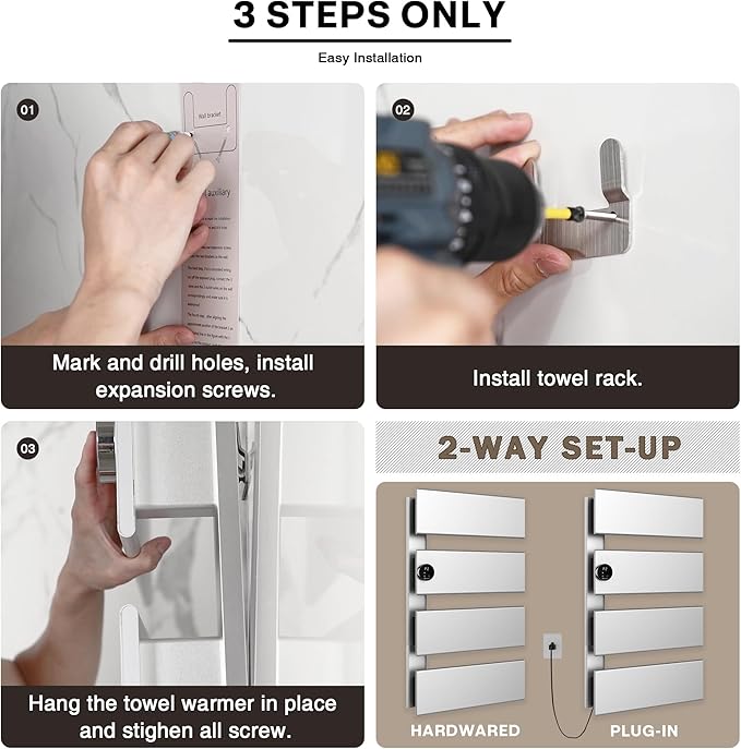 K&KALONZO Electric Towel Warmer, 18.35" W x 31" H Wall-Mounted Towel Heater with Built-in Timer, Waterproof Aluminum Towel Warmer for Bathroom, Support Plug-in and Hardwired, Silver, K4-L-S