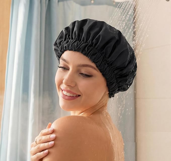 Reusable Shower Cap for Women, Large Waterproof Shower Bonnet with Elastic Band, Washable Bath Hair Cap for Long, Curly Hair, Braids, Daily Shower, Home Spa, Travel(Black)