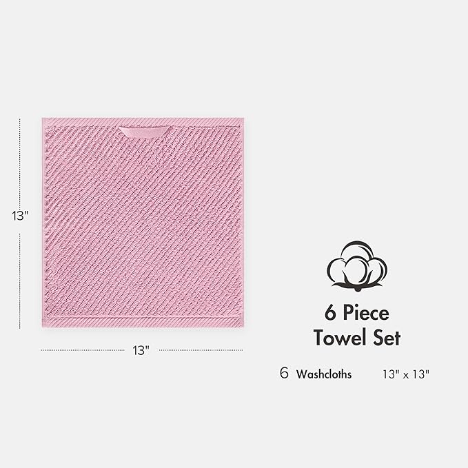 Madison Park 6-Piece Towel Washcloths Set for Bathroom 13" x 13" Diagonal Ribbed, Pink - 100% Cotton Soft Quick Dry & Absorbent Gift | Zero Twist, 500 GSM, Oeko-TEX, Hotel Quality