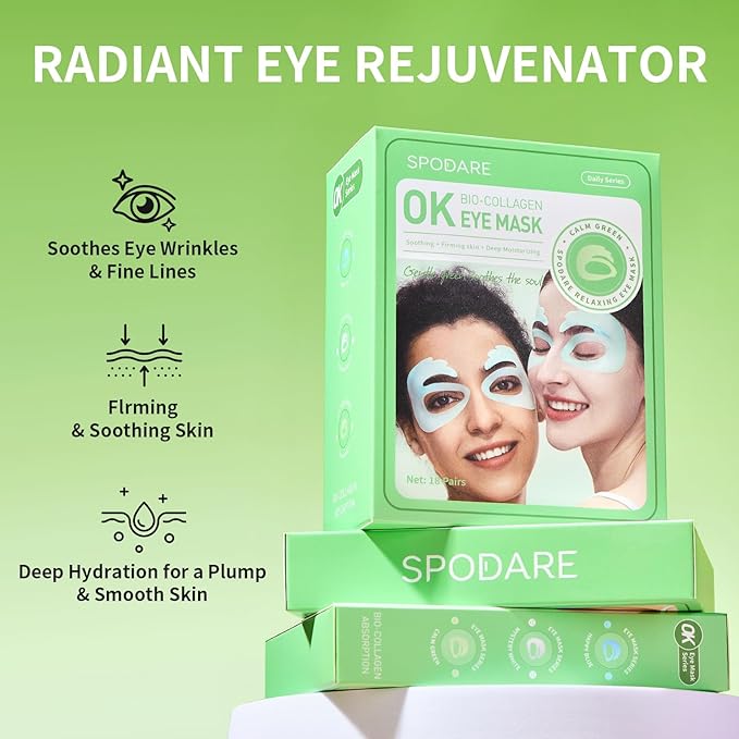 SPODARE OK Shape Eye Masks, 360° Fit Under Eye Patches with Collagen and Lavender Flower Extract, Firming Eye Masks for Puffy Eyes, Wrinkles, Self Care Gifts for Women - 18 Pairs, Calm Green