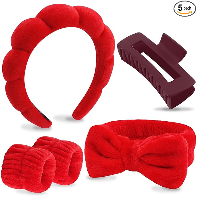 VELSCRUN Spa Headbands for Wash Face, Makeup Headband, Facial Skincare Headbands, 5 Pcs Red Puffy Sponge Spa Headband Bow Tie Hair Band Hair Clips Wristband Set Women Girls Accessories