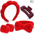 VELSCRUN Spa Headbands for Wash Face, Makeup Headband, Facial Skincare Headbands, 5 Pcs Red Puffy Sponge Spa Headband Bow Tie Hair Band Hair Clips Wristband Set Women Girls Accessories