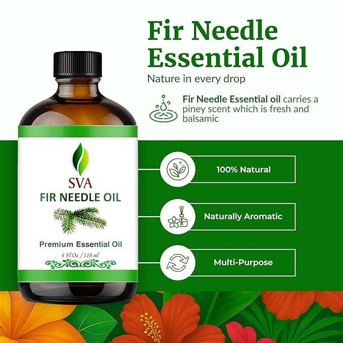 SVA Fir Needle Essential Oil – 4 Fl Oz – 100% Natural Fir Needle Oil - for Diffuser, Hair Care, Face, Skin Care, Aromatherapy, Scalp and Body Massage, Soap and Candle Making – with Dropper