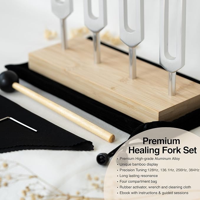 Tuning Forks for Healing Set – 128 Hz, 136.1 Hz, 256 Hz, 384 Hz Sound Healing Instruments with Bamboo Display Tray and User Guide for Sound Therapy, Meditation, Chakra Healing & Sound Bath Rituals