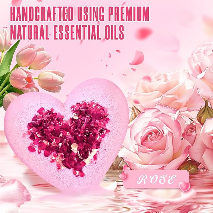 Bath Bombs for Women XXL, Basket Set for Mothers Day Gifts for Mom, Organic Heart Shaped Handmade Rose Essential Oil, Pink Teacher Appreciation Gifts for Wife Daughter Girlfriend Coworkers