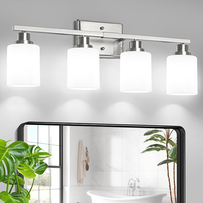 Unicozin 4-Light Bathroom Light Fixtures, Modern Brushed Nickel Vanity Light Over Mirror, Wall Sconces with Milky White Glass Shades for Living Room Bedroom Hallway E26 Base