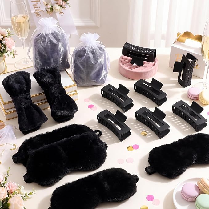 48 Pcs Spa Party Supplies Sleepover Essentials Gift for Mother's Day Spa Headband Plush Eye Mask Claw Clips Organza Bag for Women Adult Slumber Party Supplies (Black)