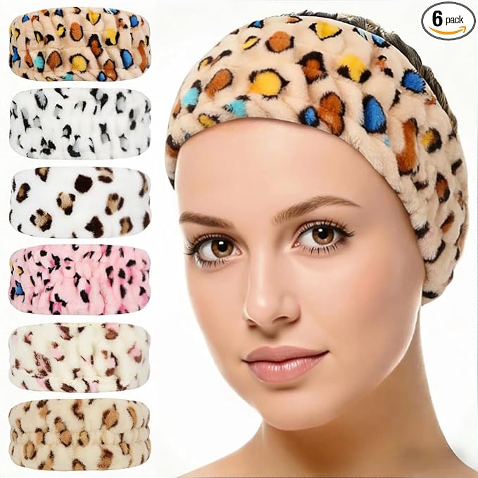 hexiaoxiao 6 Pack Microfiber Spa Headband Elastic Skin-Friendly No Slip Hairband for Women Face Wash Skincare Yoga Makeup Daily Use (Leopard & Polka Dot Patterns)