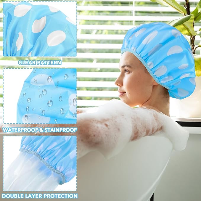 WSICSE 2 Packs Large Shower Cap, Waterproof Reusable Shower Cap Double Layers Hat Bath Caps with Hair Scrunchies for Home Spa Salon, blue, yellow