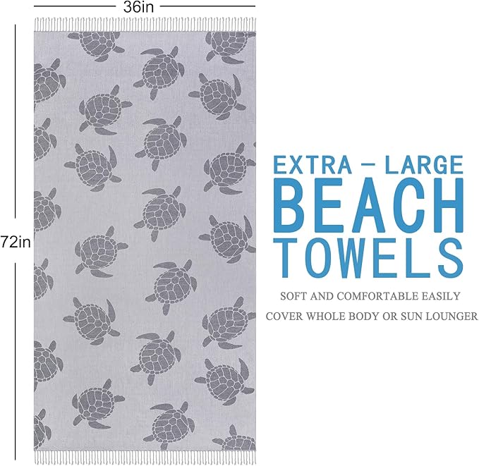 Genovega Oversized Cotton Turkish Beach Towels 72"x36" Lightweight Quick Dry Sandless Pool Swim Towel Large No Sand Compact Blanket Adult Travel Essentials Cruise Accessories Must Haves Grey Turtle