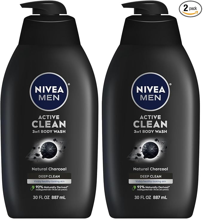 NIVEA MEN Active Clean Body Wash with Natural Charcoal for Normal to Oily Skin,3-in-1 Charcoal Body Wash,Face and Hair,Draws Out Dirt and Impurities,30 Fl Oz Bottle,(Pack of 2)