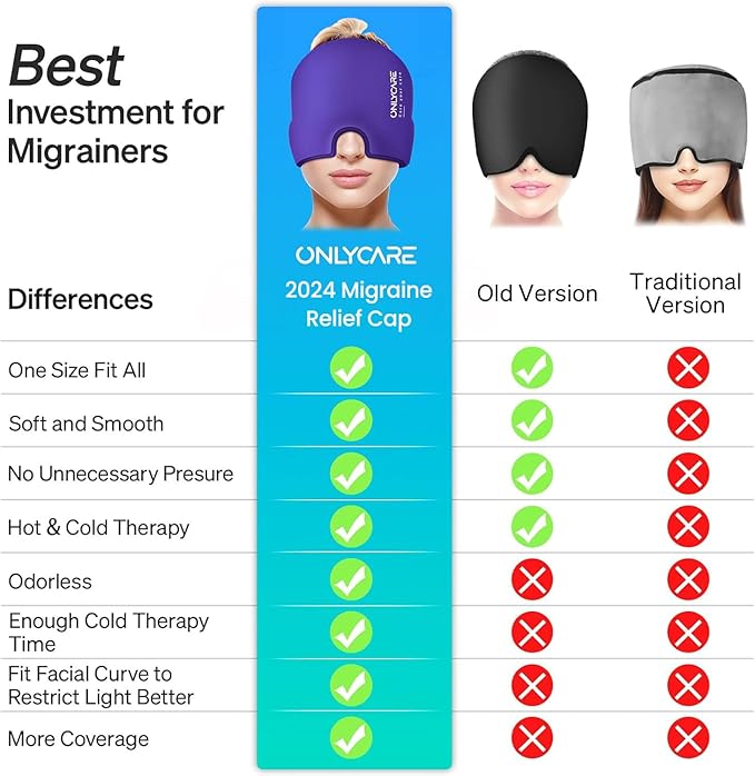 ONLYCARE Migraine Relief Cap,Soothing Migraine Mask,Upgraded Odorless Gel Ice Head Wrap, Hot and Cold Therapy, FSA or HSA Eligible Headache Ice Pack for Tension and Stress(Black & Purple)