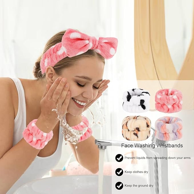 CIEHER 12 PCS Makeup Headband for Women Wrist Washband Scrunchies Cuffs for Washing Face, Soft Bow Hair Band Matching Wristbands, Cow, Leopard, Streaks, Polka dots