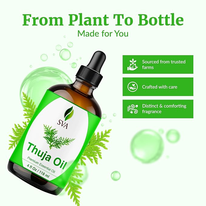 SVA Thuja Essential Oil – 4 Fl Oz – 100% Natural Thuja Oil - for Diffuser, Hair Care, Face, Skin Care, Aromatherapy, Scalp and Body Massage, Soap and Candle Making – with Dropper