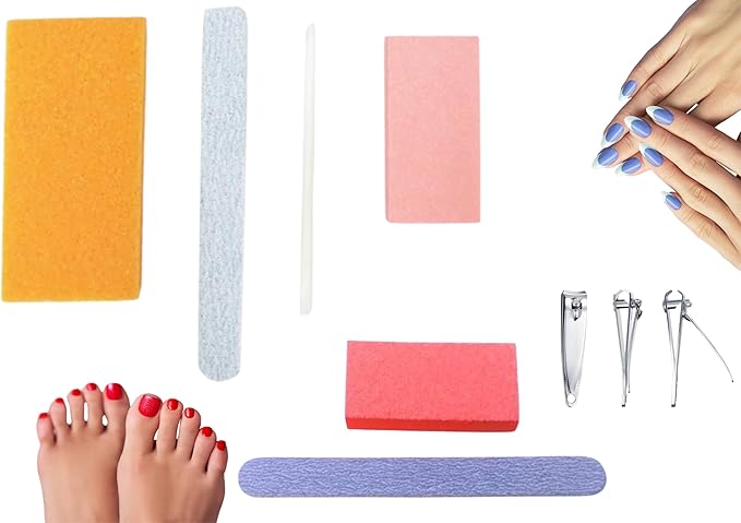 Disposable Nail Care Kit Set, 4-in-1 Pedicure Kit w/Pumice Sponge and 2-in-1 Manicure Kit w/Buffer for Nail Salon or Home Use - Travel Friendly – Colors May Vary (Pack 1 with Nail Clipper)