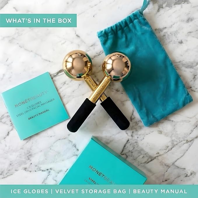 MonétBeauty Stainless Steel Ice Globes for Facials (Gold Black Handle), Durable Cryo Globes Instantly Reduce Puffiness, Tighten Pores & Sinus Relief, Face Globes Facial Massages & Daily Beauty Routine
