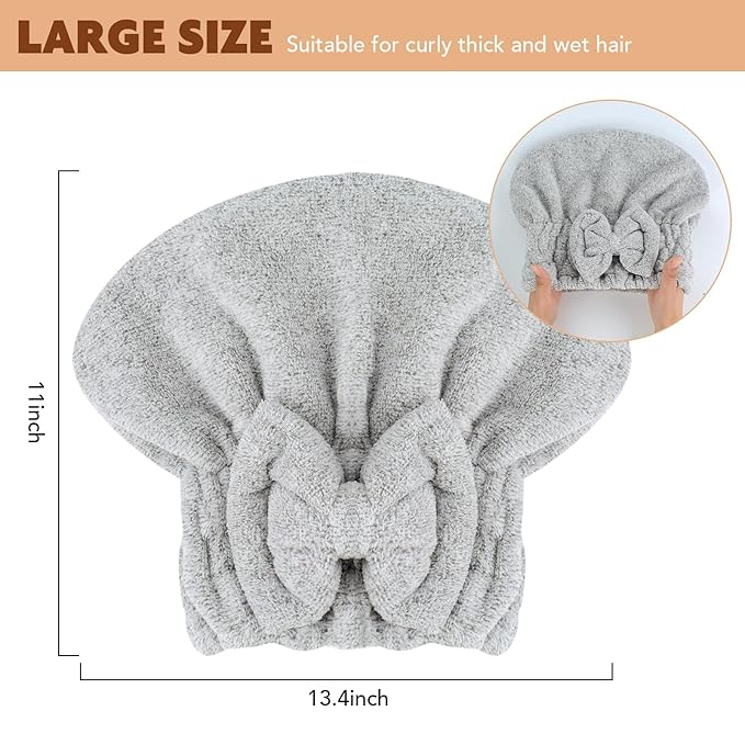 SUNLAND Large Microfiber Hair Drying Caps with Bow knot Fast Drying Shower Cap Soft and Absorbent hairWrap Hair Turban Bath Caps for Curly Thick and wet Hair 11 X 13.4 inch 2 Pack Grey