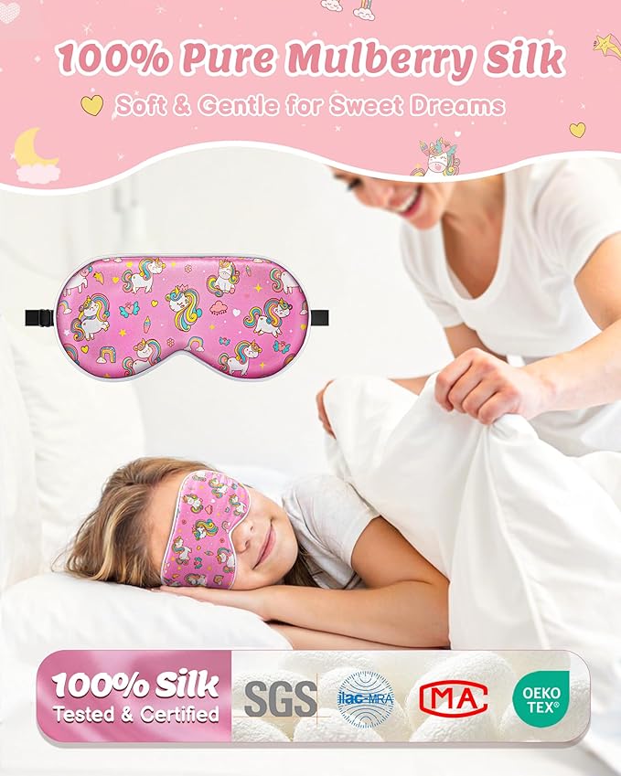 BeeVines Kids 100% Real Mulberry Silk Sleep Mask 2 Pack, Original Design Pure Silk Sleeping Eye Masks for Girls, Skin-friendly Blackout Eye Cover, Adjustable Strap, Reduce Puffy Eyes, for Travel Gifts