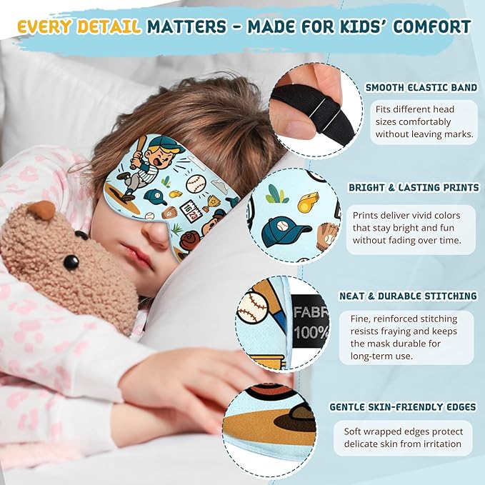 Kids Sleep Mask – 100% Mulberry Silk Eye Mask with Adjustable Strap, Soft Light Blocking Sleeping Mask for Children, Cute Printed Eye Cover for Boys Girls Ages 5-15 (Baseball Style)