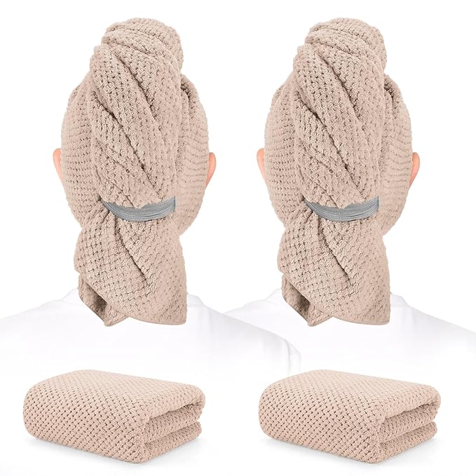 BEoffer 2 Pack Microfiber Hair Towel - 41 x 24 inches Super Soft, Absorbent, Fast Drying Without Frizz Hair Towel Wrap for Women Long, Thick, Curly Hair - Hair Turbans with Elastic Strap