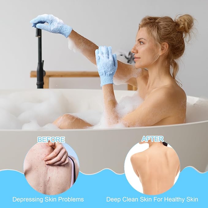 Cuffbow 90 Pcs 45 Pairs Exfoliating Double Sided Bath Gloves with Hanging Loop Colorful Body Shower Gloves for Men Women Beauty Spa Massage Clean Shower Skin Bathing Scrubber Accessories(Blue)