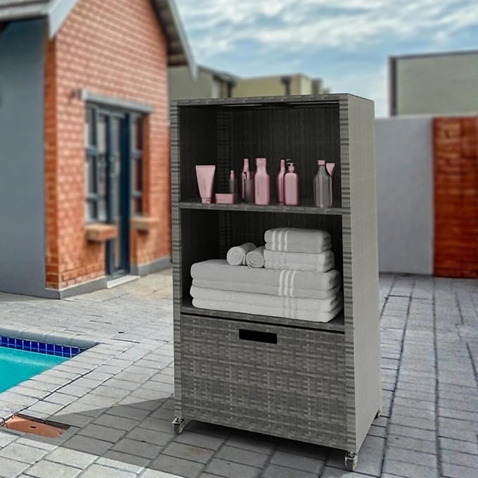 HOOYEAH Pool Towel Rack Outdoor, Waterproof PE Plastic Rattan Wicker Pool Storage Bins Storage Cabinet Organizer, Poolside Towel Caddy with Rolling Wheels for Hot Tub Spa Accessories,Grey