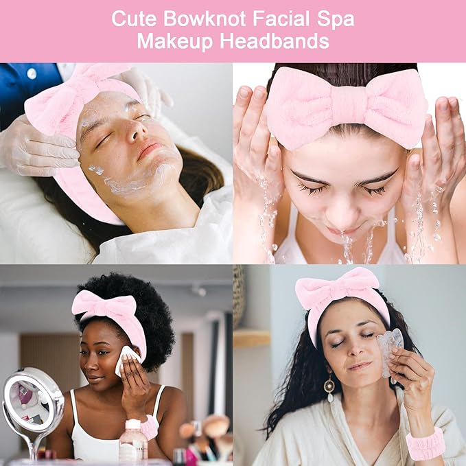 CIEHER 12 PCS Pink Makeup Headband for Women Wrist Washband Scrunchies Cuffs for Washing Face, Soft Bow Hair Band Matching Wristbands, Spa Headband Coral Fleece