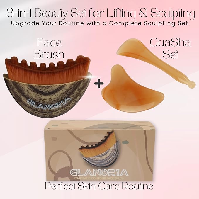 3 in 1 Lymphatic Contour Face Brush – Face Brush for Lymphatic Drainage with Soft Bristles & Plastic Handle, 2 Gua Sha Tools for Facial Sculpting, Jawline, Double Chin & Depuffing