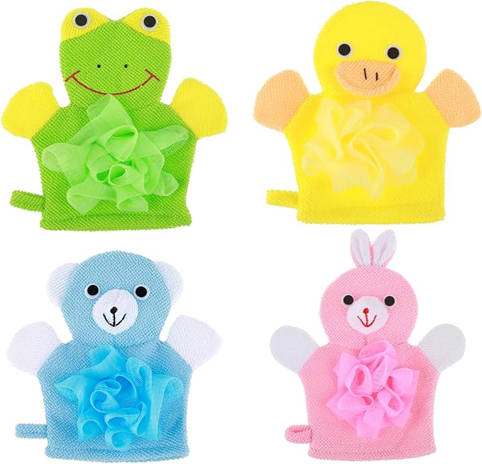 Dimeho Kids Bath Gloves, 4/2pcs Shower Gloves Loofah for Kids Exfoliating BathGlove Body Scrub Glove Exfoliating Scrubber BallEasy to Lather Lovely Animal Colorful Design (3)