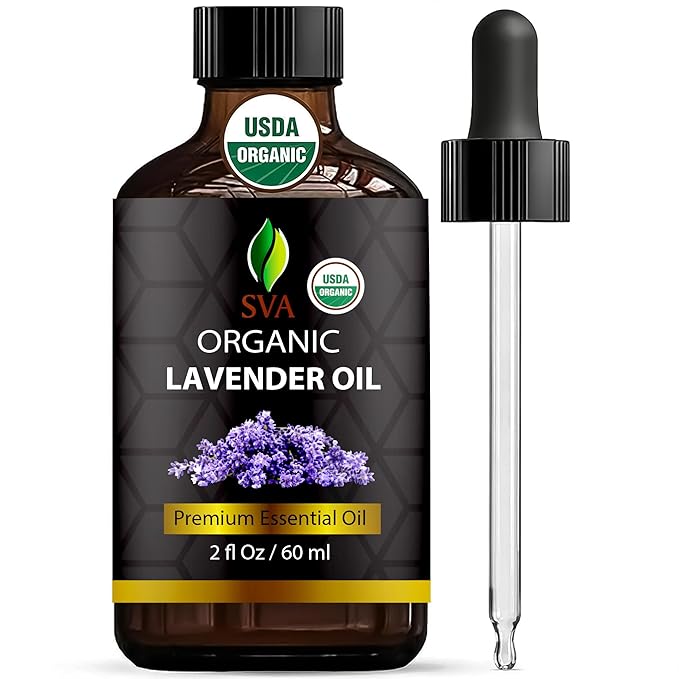 SVA Lavender Essential Oil Organic – 2 Fl Oz – 100% Natural Organic Lavender Oil - for Diffuser, Hair, Face, Skin Care, Aromatherapy, Scalp and Body Massage, Soap and Candle Making - with Dropper