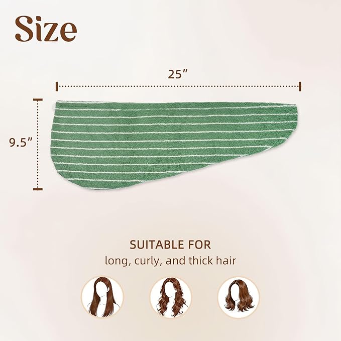 Jacquotha Cotton Hair Towel Wrap for Women (Green Striped) – Soft Absorbent Quick Drying Hair Turban for Wet Hair, 25” x 9.5”, 1 Pack