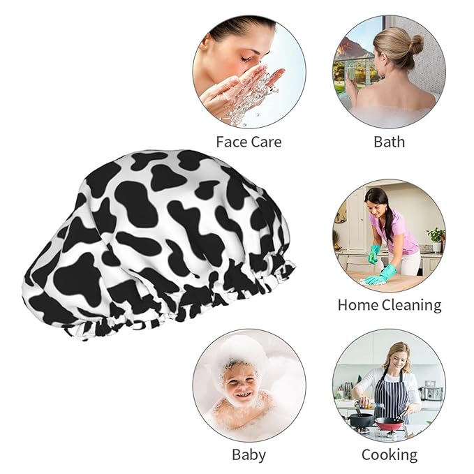 Black And White Cow Skin Abstract Animal Farm Shower Cap For Women Adjustable Double Waterproof Layers Bathing Bath Cap Hair Protection Reusable Ladies Spa Salon Shower Hat