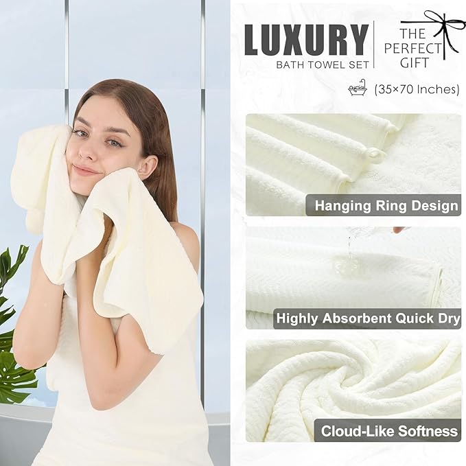 8 Piece Bath Towel Set |2 Oversized Large Bath Sheet,2 Hand Towels,4 Washcloths| Ultra Soft Cozy Bath Towel Set for Bathroom Hotel Gym Spa,Highly Absorbent Quick Dry Bathroom Towel Collections,Cream