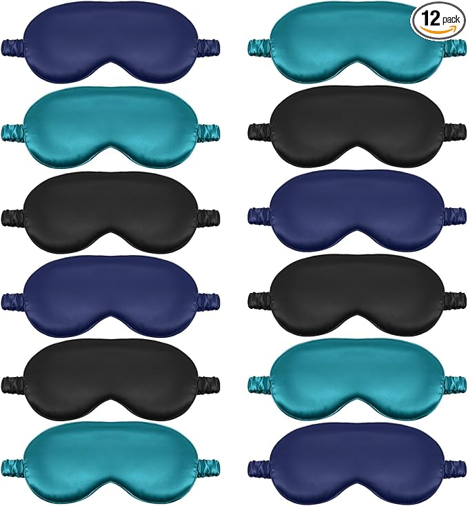 Cutecrop 12 Pcs Silk Sleep Masks Soft Satin Eye Masks with Adjustable Elastic Strap for Sleeping Comfortable Blindfold Eyeshade for Men Women Nap Night Travel Gifts (Black, Dark Green, Navy Blue)