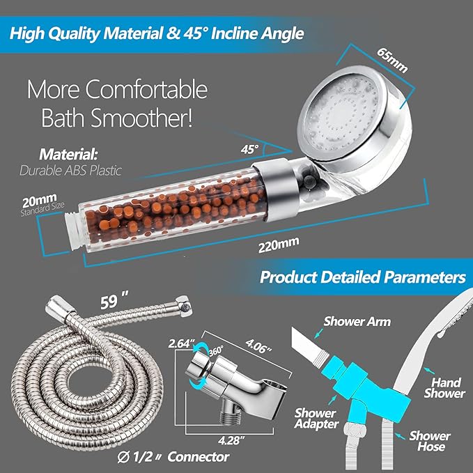 FASTRAS LED Shower Head with Handheld, Shower Head High Pressure Shower Head with Hose, Holder & PTFE Tape etc, 3 Water Temperature-Controlled Water Saving Filtered Shower Head for Dry Hair& Skin