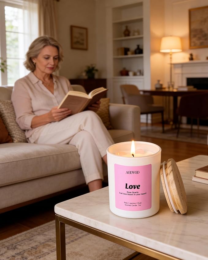 AOOVOO Mothers Day Candles Set for Mom - 4 Pack Candles for Home Scented, Aromatherapy Candle with Crystals, Gratitude Rhodonite/Appreciation Clear Quartz/Blessing Aventurine/Love Rose Quartz