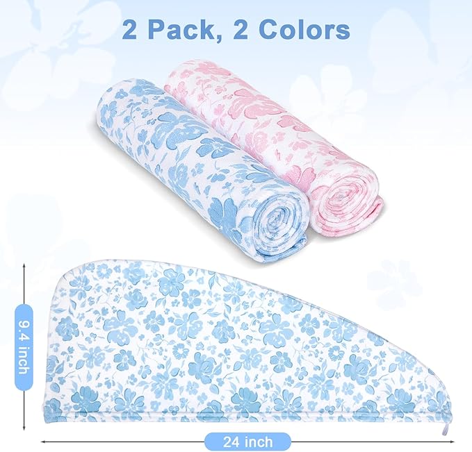 Unicorn Castle Microfiber Hair Towel for Kids 2Pack Hair Wrap Towels Absorbent Hair Drying Towel Wrap Hair Turbans for Curly Thick Hair,Pink Blue Flower
