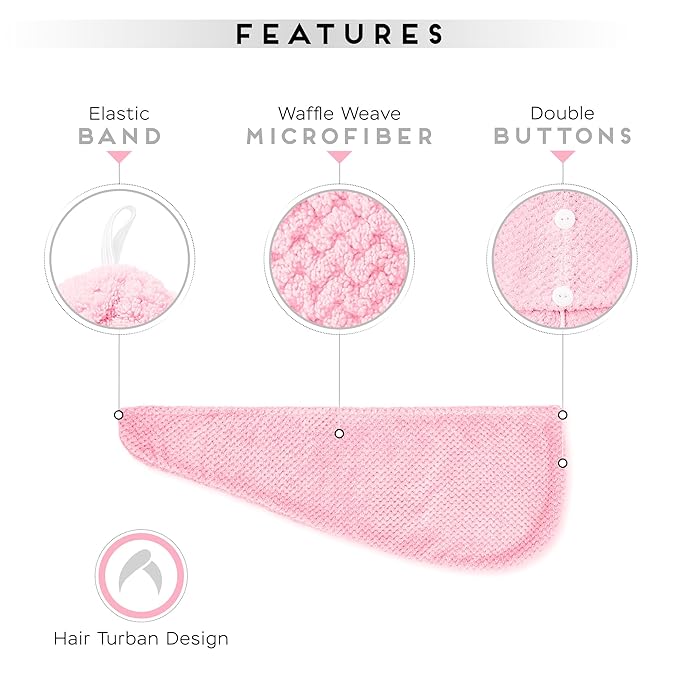 SimpleField 2 Pack Microfiber Hair Towel Wrap for Women, Anti Frizz Quick Drying Hair Turban for All Hair Style, Absorbent and Lightweight (Pink)
