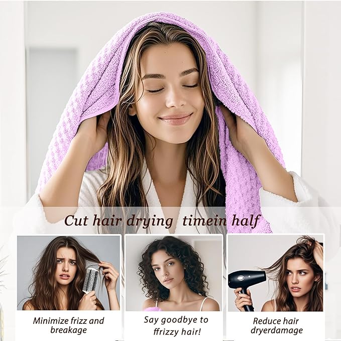 Microfiber Hair Towel Wrap for Women, Quick-Dry Turban, Ultra Absorbent & Anti-Frizz, Ideal for Long, Thick & Curly Hair, Soft Lightweight Drying Towel (24x42, Purple)