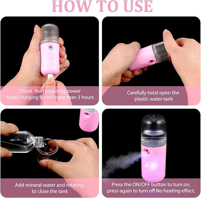 Honoson 2 Pack Nano Facial Mister Spray Bottle Handheld Humidifier Portable Face Mister for Eyelash Extensions USB Rechargeable 1 oz Mini Skin Care Machine for Daily Makeup(Black and Pink)