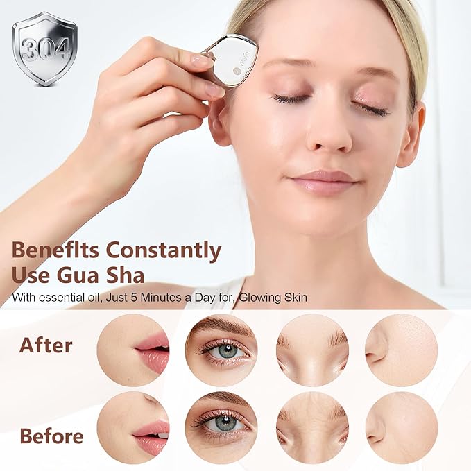 2Pcs Stainless Steel Gua Sha Facial Tools,Face and Body Skin Massage,Scraping Tools for Jaw Lift Massager,Puffiness Reduction,Lymphatic Drainage & Skin Tightening, Mother’s Day Gift, Summer Skin Care