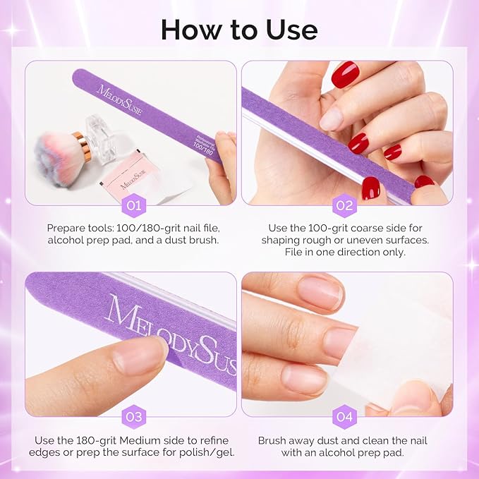 MelodySusie Nail File Kit, 2Pcs Double Sided 100/180 Grit Straight Shape Emery Boards for Nails, Professional Nail Art Manicure Pedicure Supplies for Home and Salon Use, Mothers Day Gifts, Purple