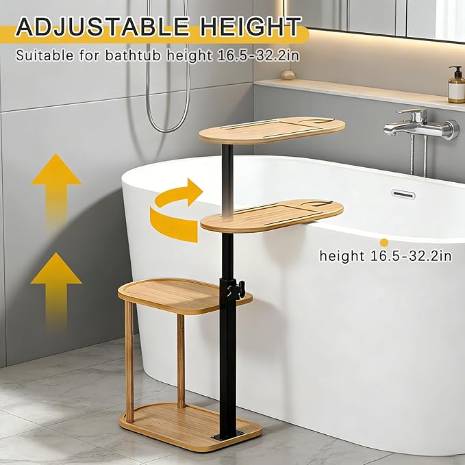 3-Tier Freestanding Bathtub Tray Table, Adjustable Bamboo Bath Caddy with Swivel Design, Standing Bath Shelf for Home Spa, Natural