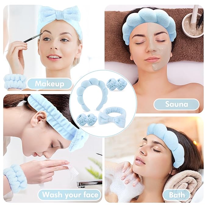 Zkptops 6Pcs Spa Headband for Washing Face Wristbands Set Women Bubble Makeup Sponge Terry Cloth Padded Puffy Skincare Headband Bow Tie Hairband Cute Non Slip Thick Hair Accessory Gifts (Blue)