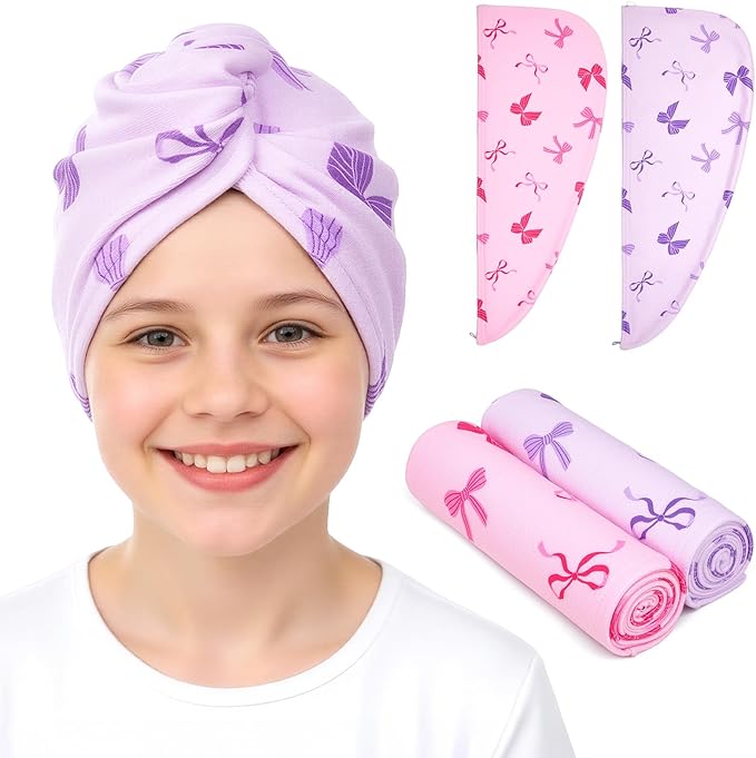Unicorn Castle Microfiber Hair Towel for Kids 2Pack Hair Wrap Towels Absorbent Hair Drying Towel Wrap Hair Turbans for Curly Thick Hair, Pink Purple Bow