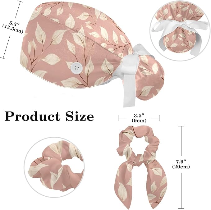 Scrub Caps Women Ponytail Cute Pink and White Leaves Caps Bouffant Working Hat Elastic Tie Back Hats with Button