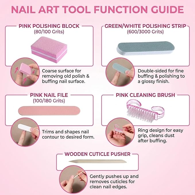 6 Set Disposable Manicure Kit Salon Supplies Press On Nail Tool Kit with Mini Nail Files Buffers Bulk Handle Grip Brush Wood Stick for Salon Home Fingernails Toenails
