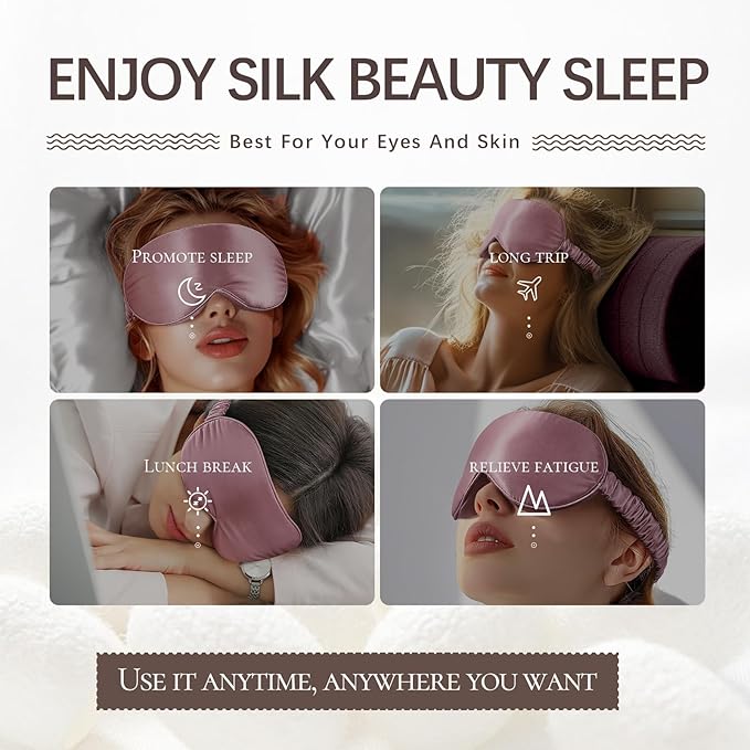 Adjustable Silk Sleep Mask for Custom Comfort | 3D Contour & Blackout Nose Wing | Universal Fit for All Head Sizes | 100% Mulberry Silk Eye Mask for Sleeping | Yueerbao (Bean Pink)