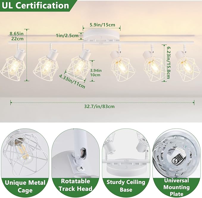 Baocuz 6-Lights White Semi Flush Mount Ceiling Light with Geometric Metal Cage, Modern Kitchen Track Lighting Fixtures Ceiling, Rotatable Close to Ceiling lamp for Entryway, Living Room, Hallway